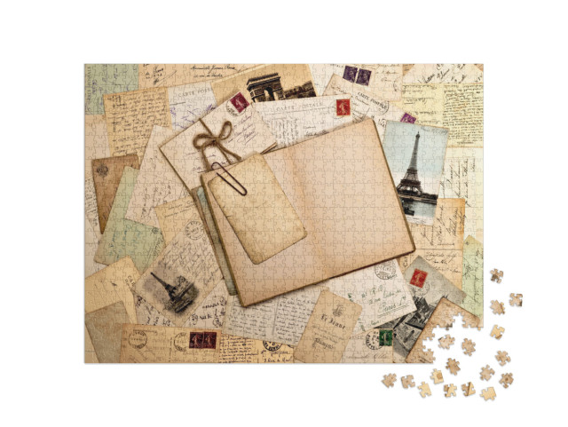 Old Letters, French Post Cards & Empty Open Book. Nostalg... Jigsaw Puzzle with 1000 pieces