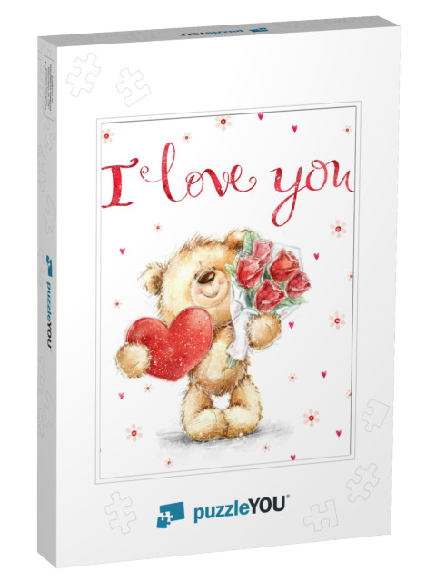 Cute Smiling Teddy Bear in Love on the Hearts Background... Jigsaw Puzzle