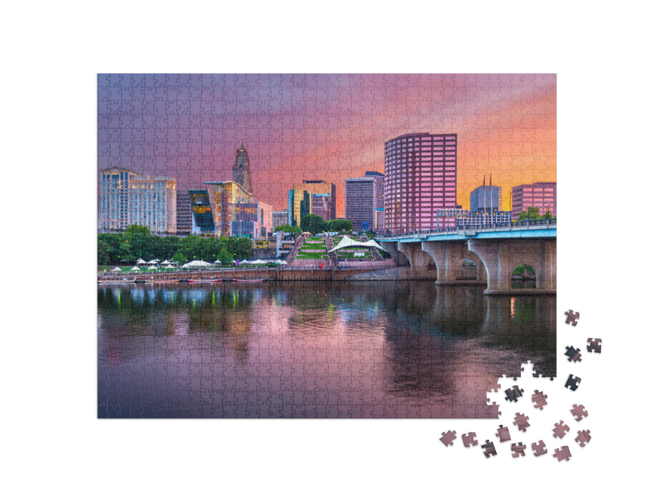 Hartford, Connecticut, USA Downtown Skyline & River At Dus... Jigsaw Puzzle with 1000 pieces