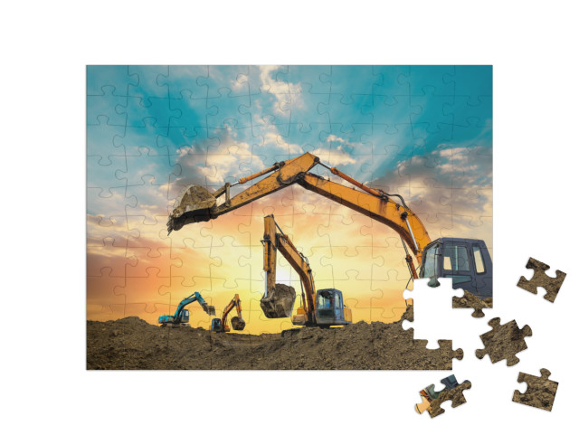 Four Excavators Work on Construction Site At Sunset... Jigsaw Puzzle with 100 pieces