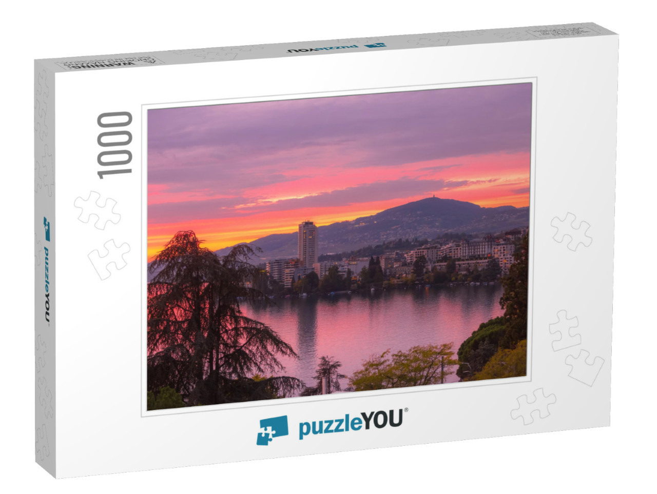 Panoramic Colorful Sunset View of Montreux Promenade & La... Jigsaw Puzzle with 1000 pieces