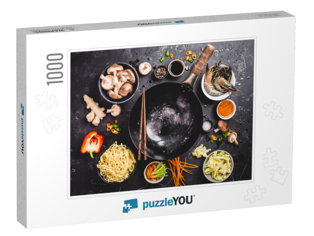 Asian Food Cooking Concept. Empty Wok Pan, Noodles, Veget... Jigsaw Puzzle with 1000 pieces