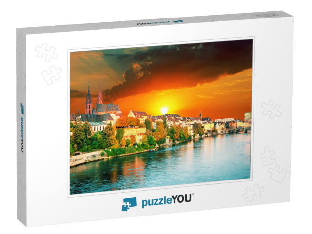 Sunset Over Old Town of Basel & Red Stone Munster Cathedr... Jigsaw Puzzle