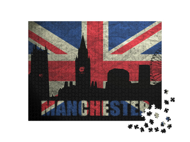 View of Manchester on the Grunge British Flag... Jigsaw Puzzle with 1000 pieces