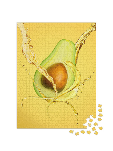 Ripe Avocado & Natural Essential Oil on Yellow Background... Jigsaw Puzzle with 1000 pieces