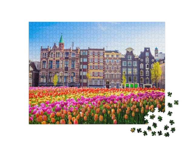 Traditional Old Buildings & Tulips in Amsterdam, Netherla... Jigsaw Puzzle with 1000 pieces