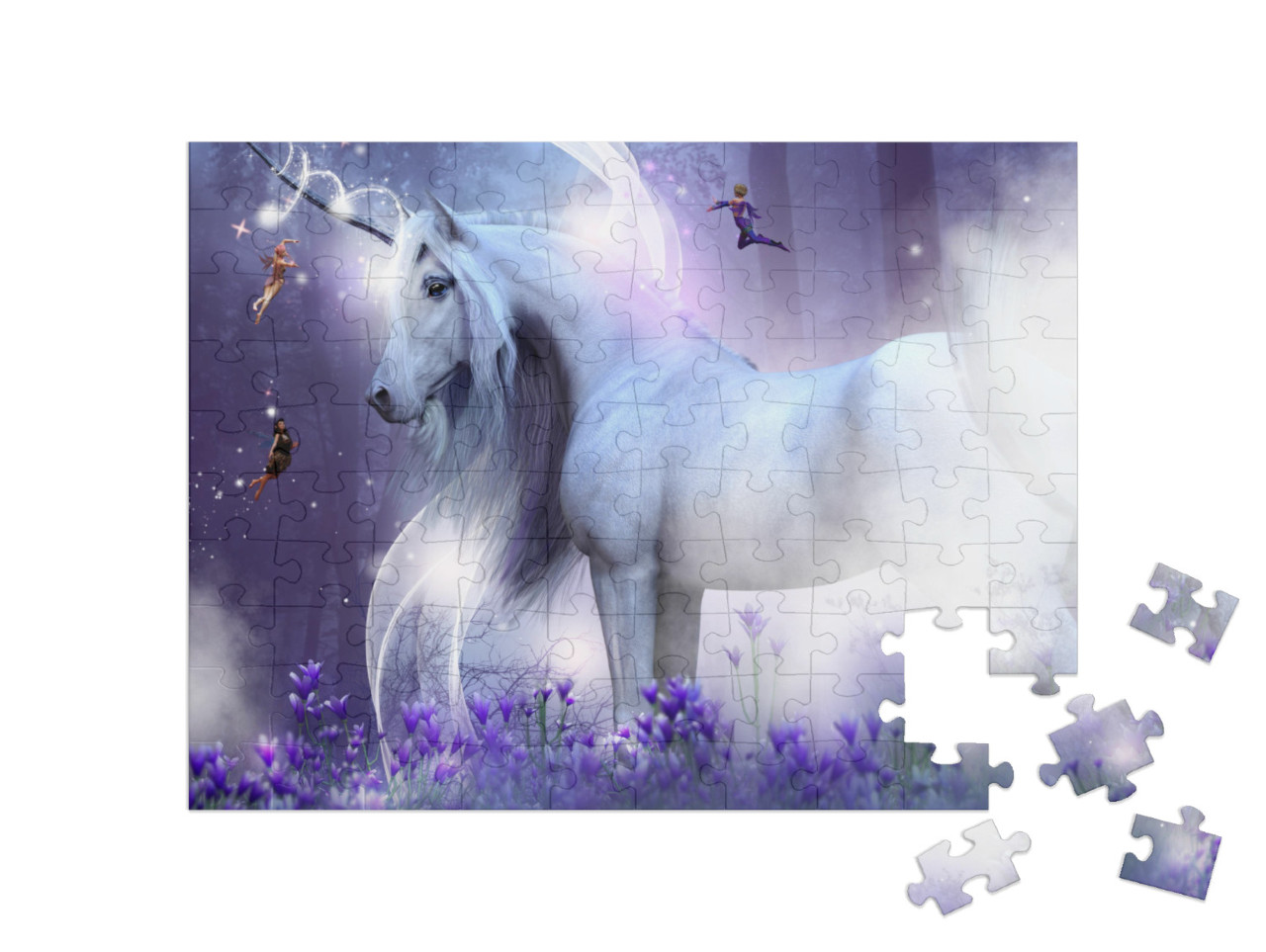 A Majestic Unicorn with Three Little Fairies Sending Magi... Jigsaw Puzzle with 100 pieces