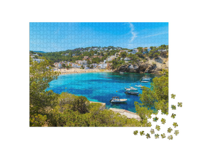 Fishing & Sailing Boats on Blue Sea Water in Cala Vadella... Jigsaw Puzzle with 1000 pieces