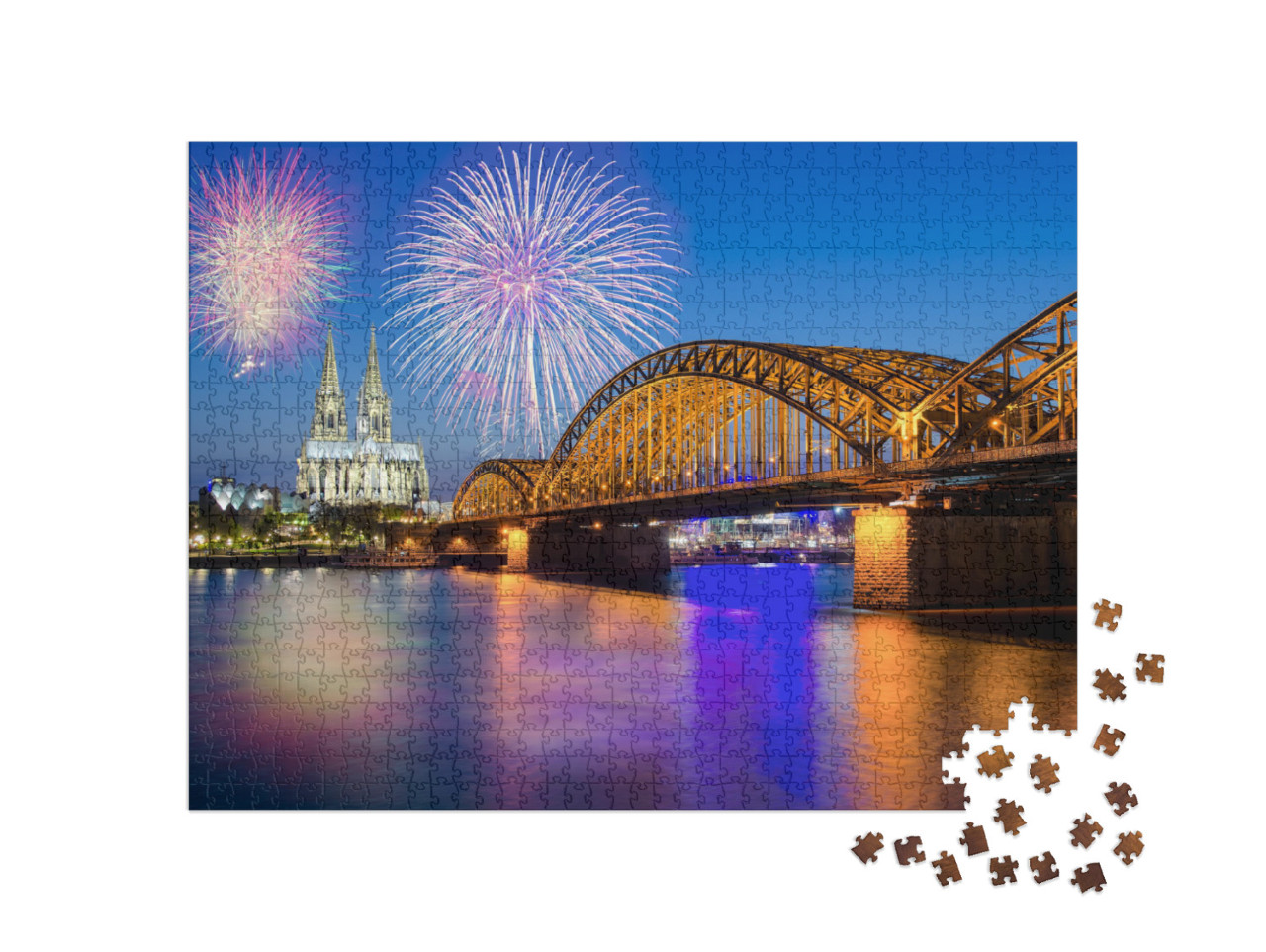 Cologne Cathedral & Hohenzollern Bridge with Fireworks on... Jigsaw Puzzle with 1000 pieces