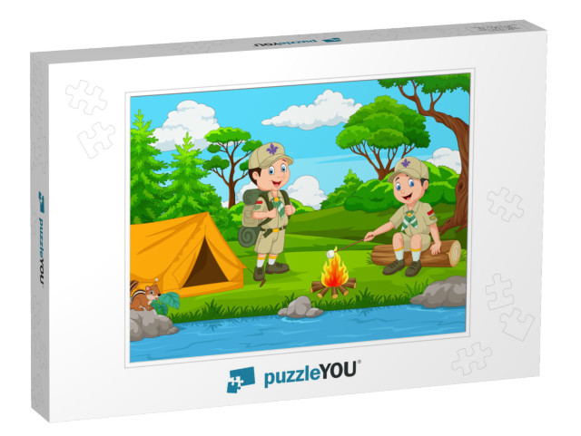 Cartoon Scout with Tent & Camp Fire... Jigsaw Puzzle