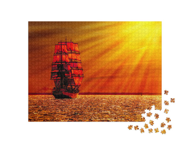 Sailing Ship on the Sea At Sunset Skyline... Jigsaw Puzzle with 1000 pieces