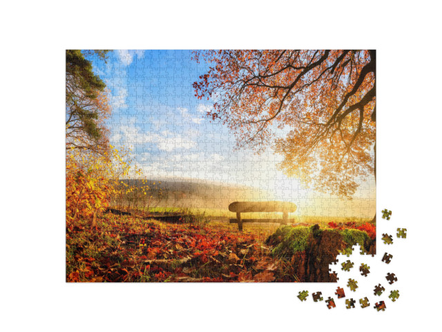 Autumn Landscape with the Sun Warmly Illumining a Bench U... Jigsaw Puzzle with 1000 pieces