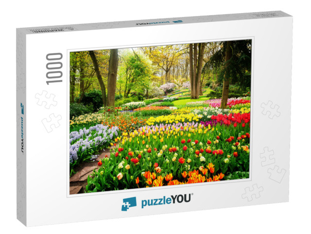 Colorful Tulips Flowerbeds & Path in an Spring Formal Gar... Jigsaw Puzzle with 1000 pieces