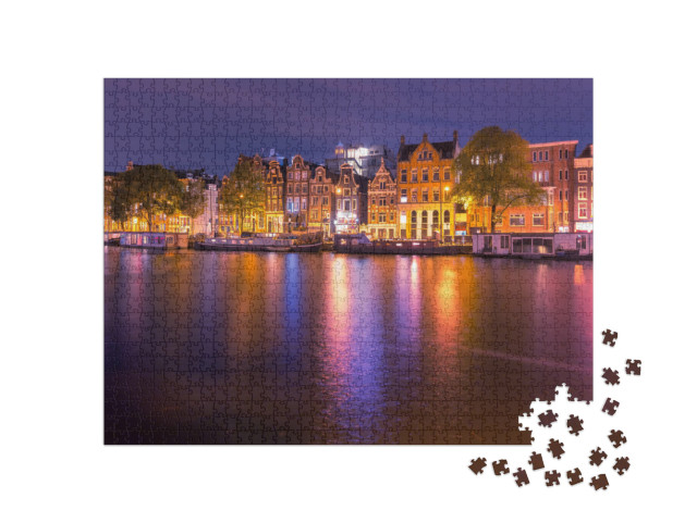 Amsterdam Canal Amstel with Typical Dutch Houses & Houseb... Jigsaw Puzzle with 1000 pieces