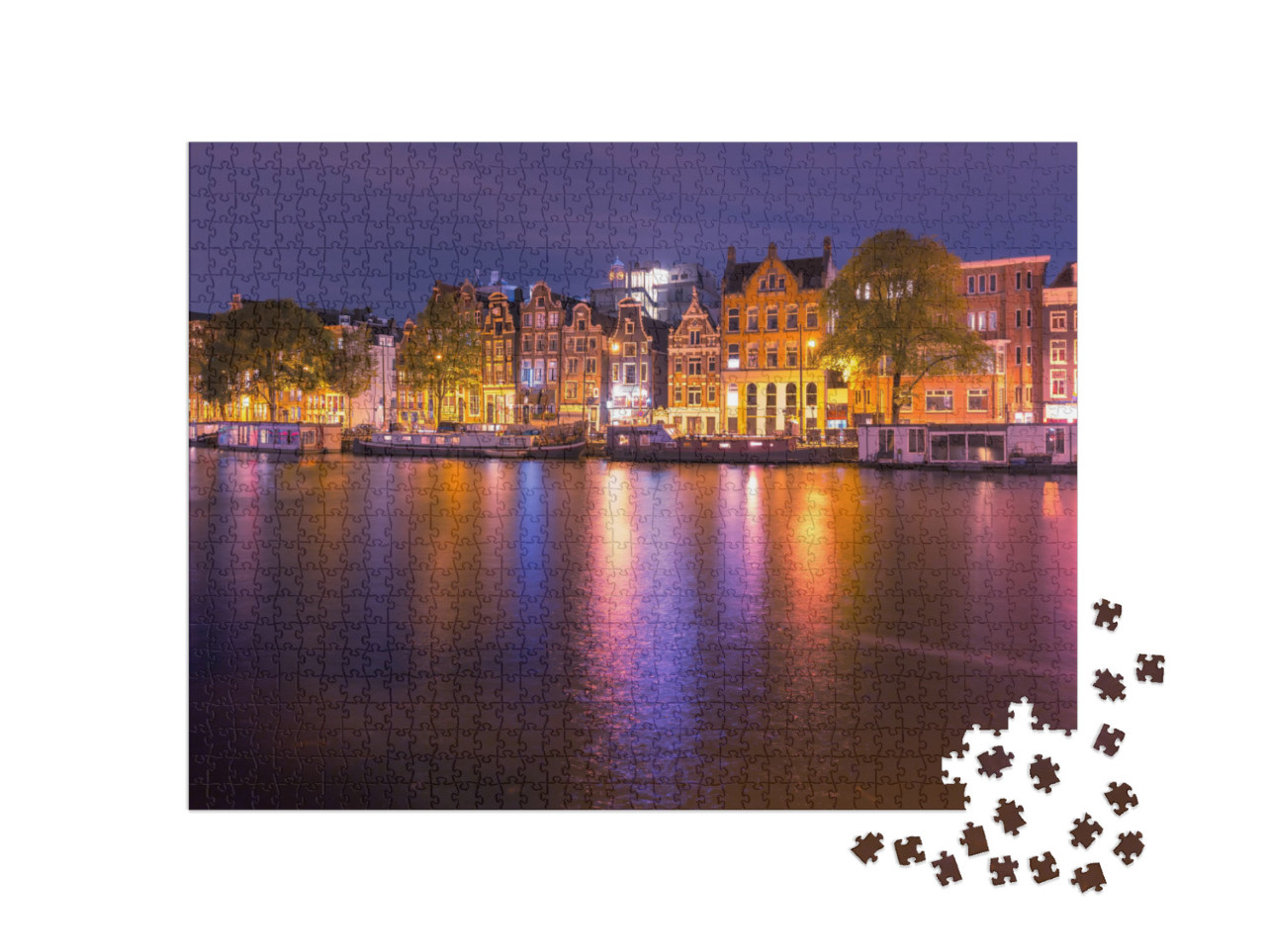 Amsterdam Canal Amstel with Typical Dutch Houses & Houseb... Jigsaw Puzzle with 1000 pieces