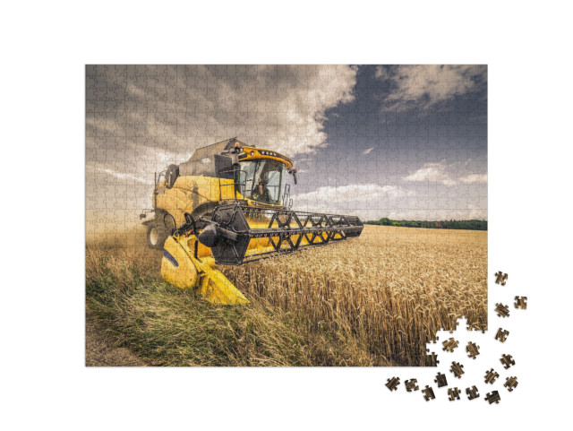 Modern Yellow Combine Harvesting Wheat in the Summer in C... Jigsaw Puzzle with 1000 pieces