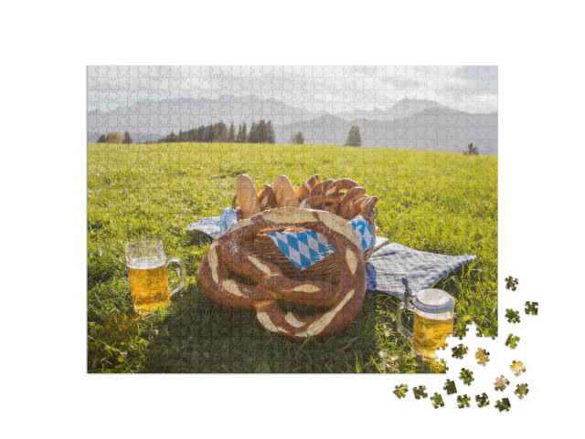 Bavaria Pretzel with Beer. Basket with Pretzels, Beer Mug... Jigsaw Puzzle with 1000 pieces