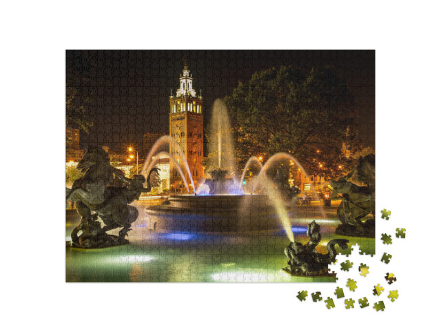 Kansas City Country Club Plaza Fountain Long Exposure... Jigsaw Puzzle with 1000 pieces