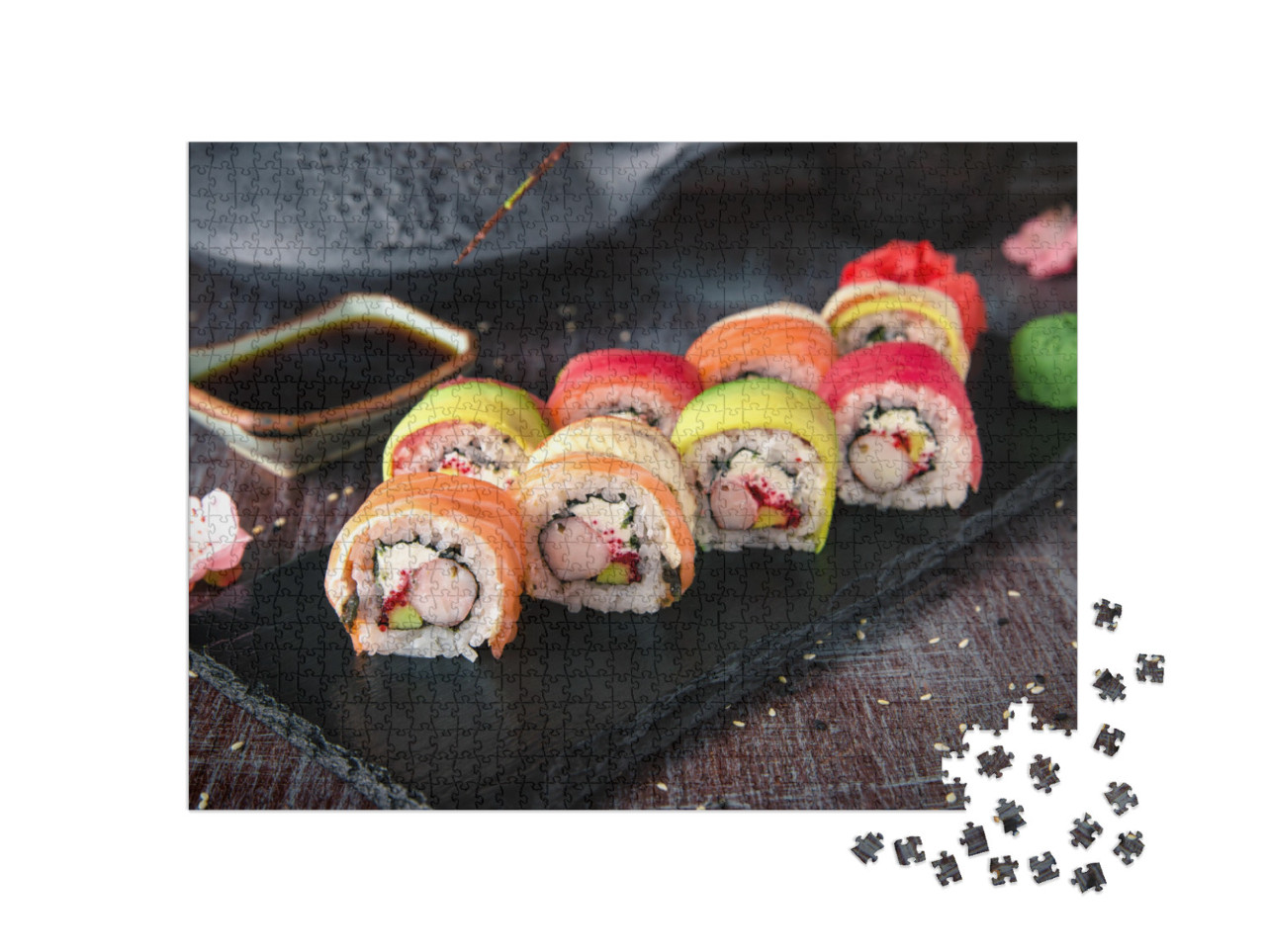 Rainbow Sushi Roll with Salmon, Eel, Tuna, Avocado, Royal... Jigsaw Puzzle with 1000 pieces