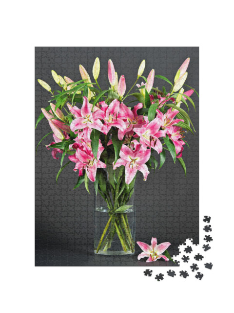 Pink Lily Flowers on Black Background... Jigsaw Puzzle with 1000 pieces