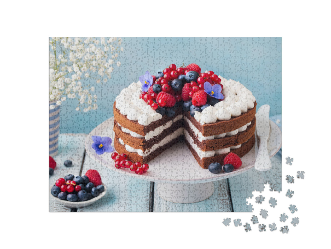 Chocolate Cake with Whipped Cream & Fresh Berries. Blue W... Jigsaw Puzzle with 1000 pieces