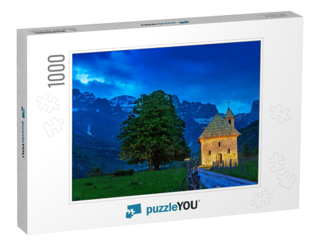 Church in the Thethi Village & Snow Capped Mountains, At... Jigsaw Puzzle with 1000 pieces