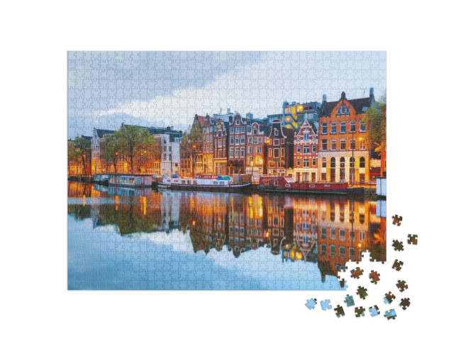 Night City View of Amsterdam, the Netherlands with Amstel... Jigsaw Puzzle with 1000 pieces