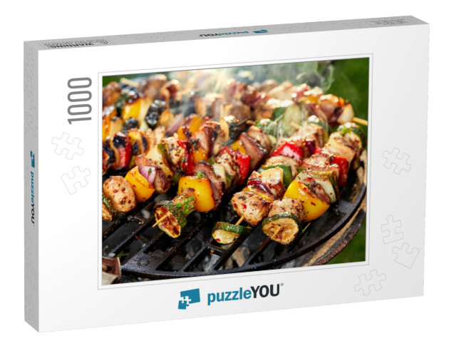 Grilled skewers of vegetables and meat on the gril Jigsaw Puzzle with 1000 pieces