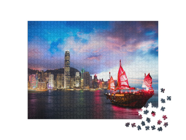 Victoria Harbor Hong Kong Night View with Junk Ship on Fo... Jigsaw Puzzle with 1000 pieces