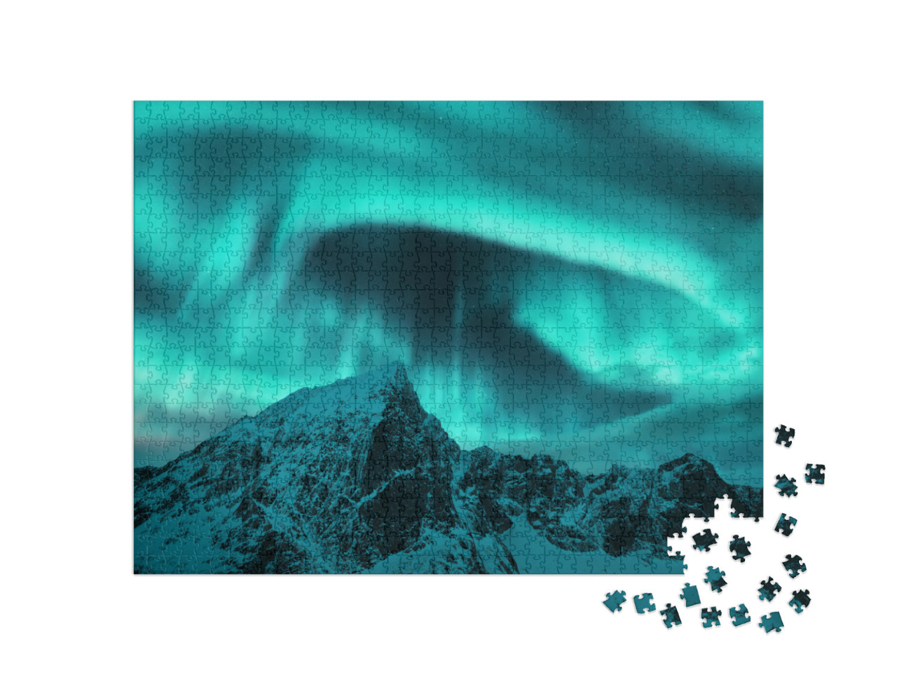 Aurora Borealis Above the Snow Covered Mountain Peak in L... Jigsaw Puzzle with 1000 pieces