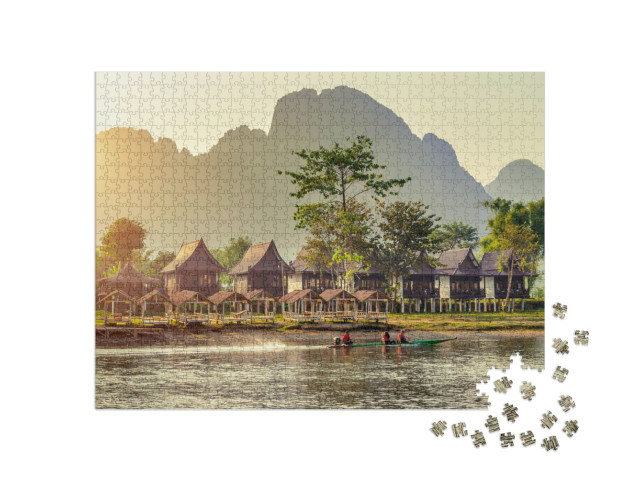 Village & Bungalows Along Nam Song River in Vang Vieng, L... Jigsaw Puzzle with 1000 pieces