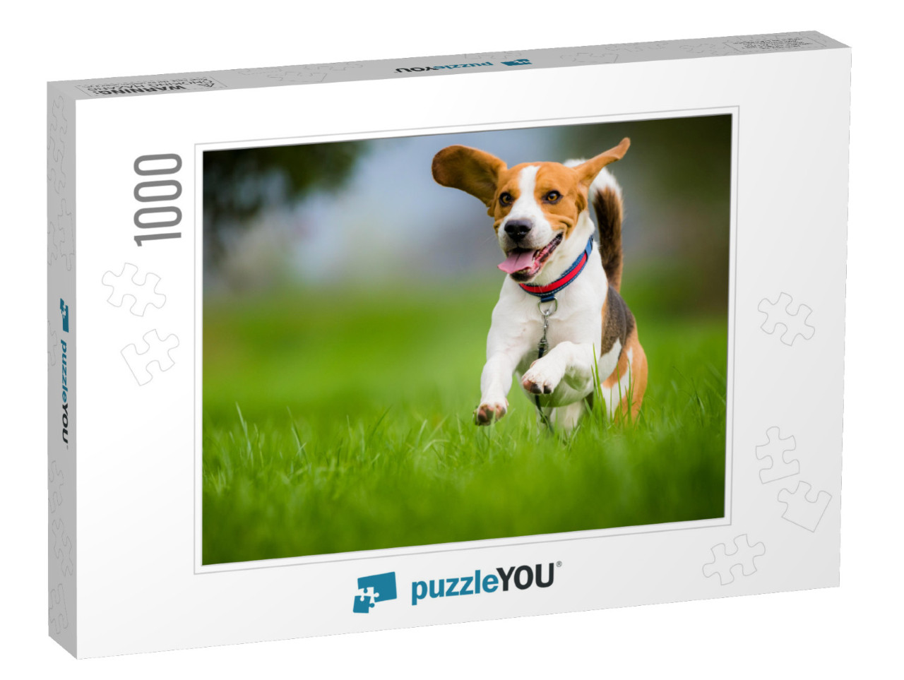 Dog Beagle Running & Jumping with Tongue Out Through Gree... Jigsaw Puzzle with 1000 pieces