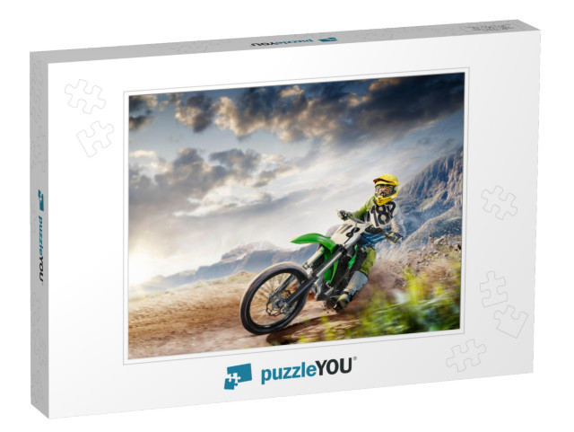 Professional Enduro Bike Rider on Action. Turn on Sand Te... Jigsaw Puzzle