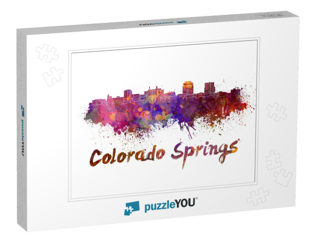 Colorado Springs Skyline in Watercolor Splatters with Cli... Jigsaw Puzzle