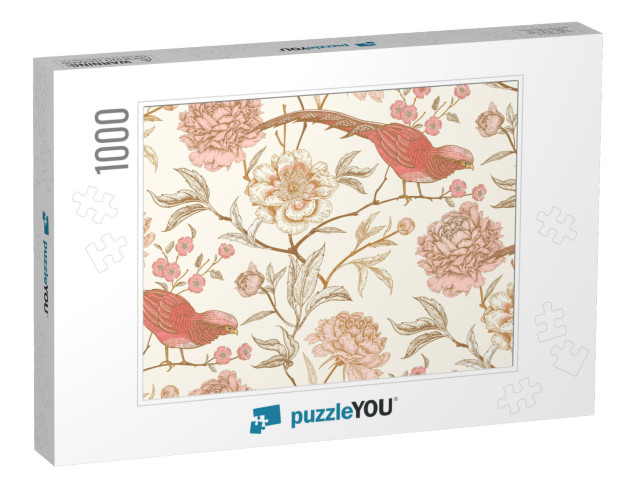 Peonies & Pheasants. Floral Vintage Seamless Pattern with... Jigsaw Puzzle with 1000 pieces