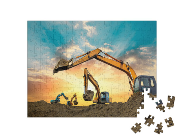 Four Excavators Work on Construction Site At Sunset... Jigsaw Puzzle with 200 pieces