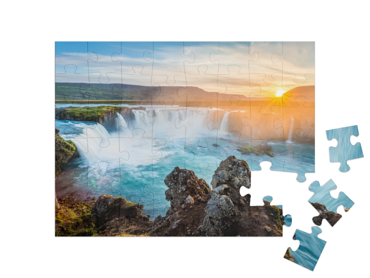 Godafoss Waterfall At Sunset, Iceland, Europe... Jigsaw Puzzle with 48 pieces