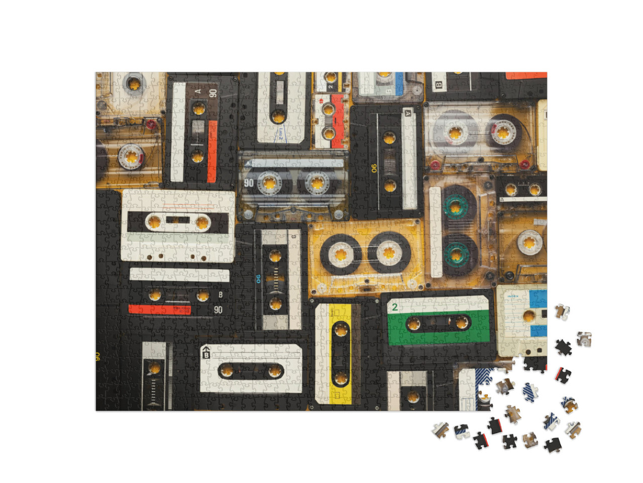 Retro Audio Cassette Tapes on Beige Background. Top View... Jigsaw Puzzle with 1000 pieces