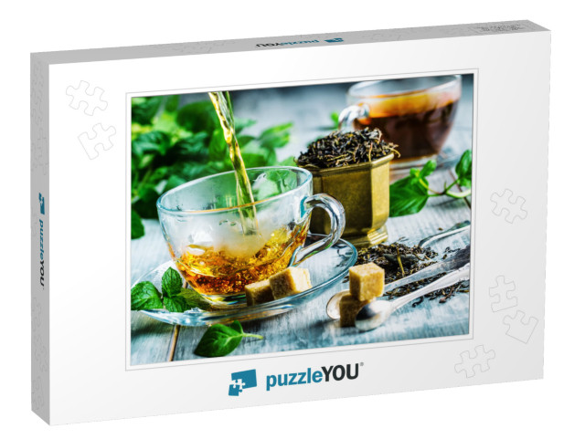 Cup of Hot Tea Cane Sugar Dry Tea Leaves & Mint Herb... Jigsaw Puzzle