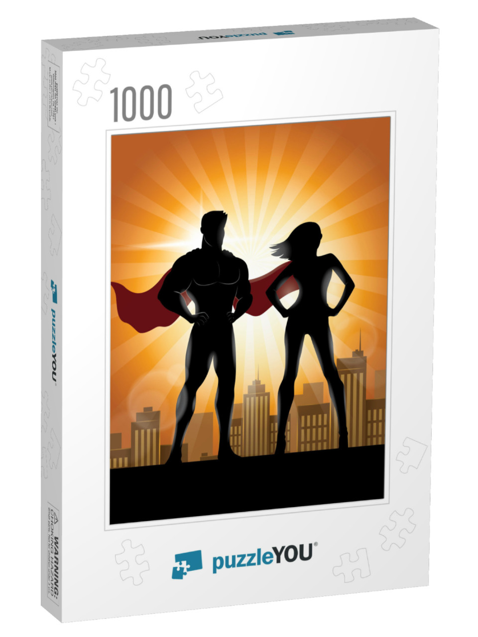 Superhero Couple Silhouette with City Skyline Background... Jigsaw Puzzle with 1000 pieces