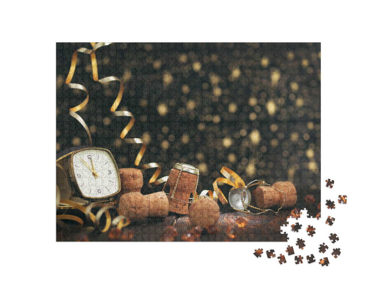 New Year Clock & Champagne Cap on Wooden Background... Jigsaw Puzzle with 1000 pieces