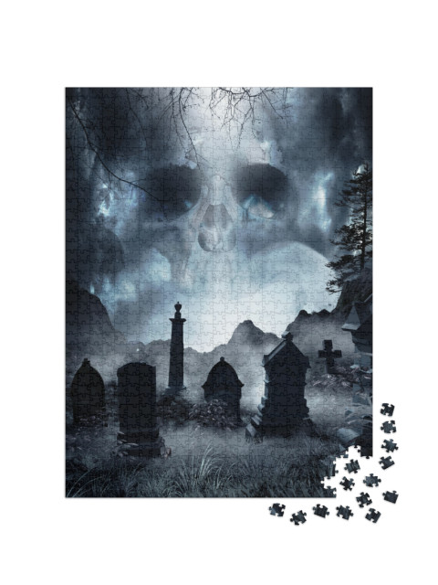 Night Scene with Fog & Tombstones. 3D Illustration... Jigsaw Puzzle with 1000 pieces