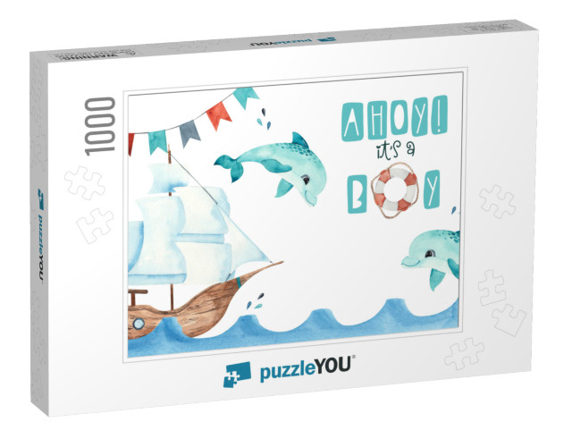 Watercolor Nautical Baby Shower Card with Sailboat... Jigsaw Puzzle with 1000 pieces