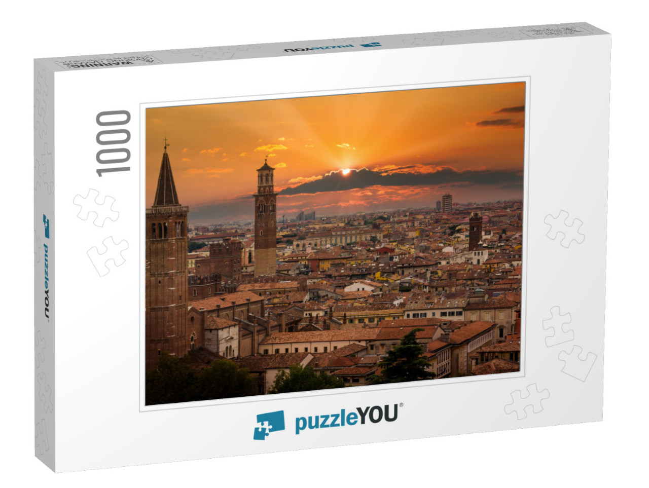 View of Verona. Orange Sunset & Beautiful Sun. Italy... Jigsaw Puzzle with 1000 pieces