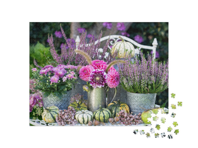 Garden Decoration with Bouquet of Pink Dahlias, Autumn Fl... Jigsaw Puzzle with 1000 pieces