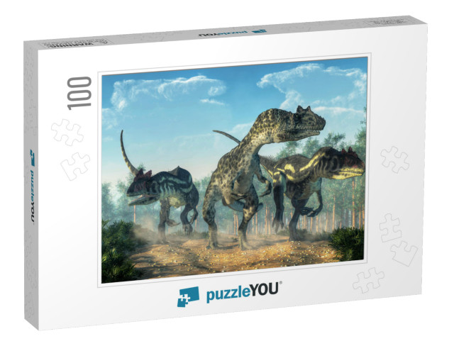 Three Allosauruses Kick Up Dust as They Hunt Along a Rock... Jigsaw Puzzle with 100 pieces