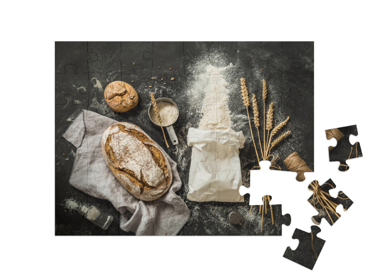 Rustic Bread, Flour Sprinkled from the White Paper Bag, M... Jigsaw Puzzle with 48 pieces