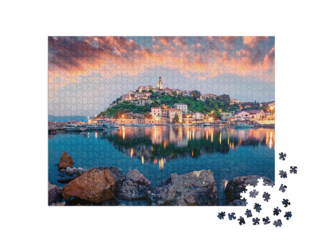 Breathtaking Evening Cityscape of Vrbnik Town. Dramatic S... Jigsaw Puzzle with 1000 pieces