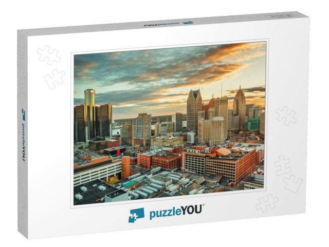 Detroit, Michigan, USA Downtown Skyline from Above At Dusk... Jigsaw Puzzle