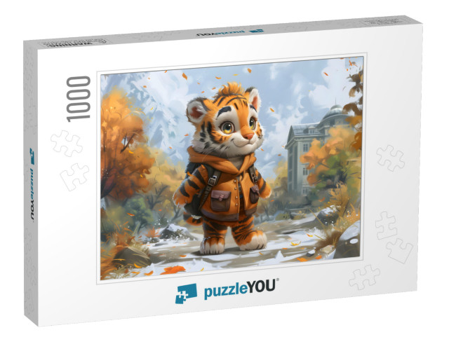 Little Tiger Ready for School while leaves fall Jigsaw Puzzle with 1000 pieces